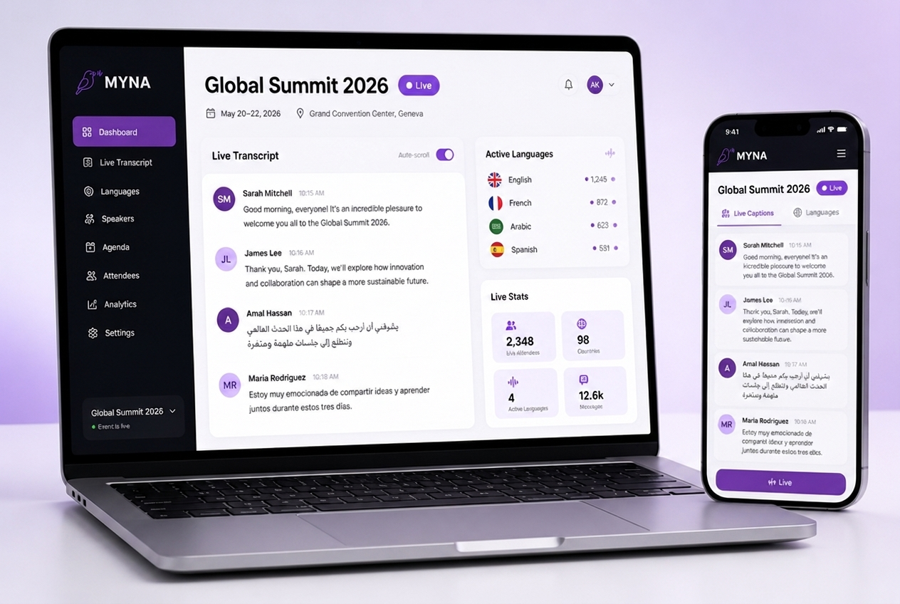 MYNA Studio on laptop and phone — live transcript, active languages, and real-time stats